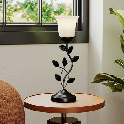 Vintage Nightstand Lamp with Tulip Glass Lampshade and Metal Leaves-Black
