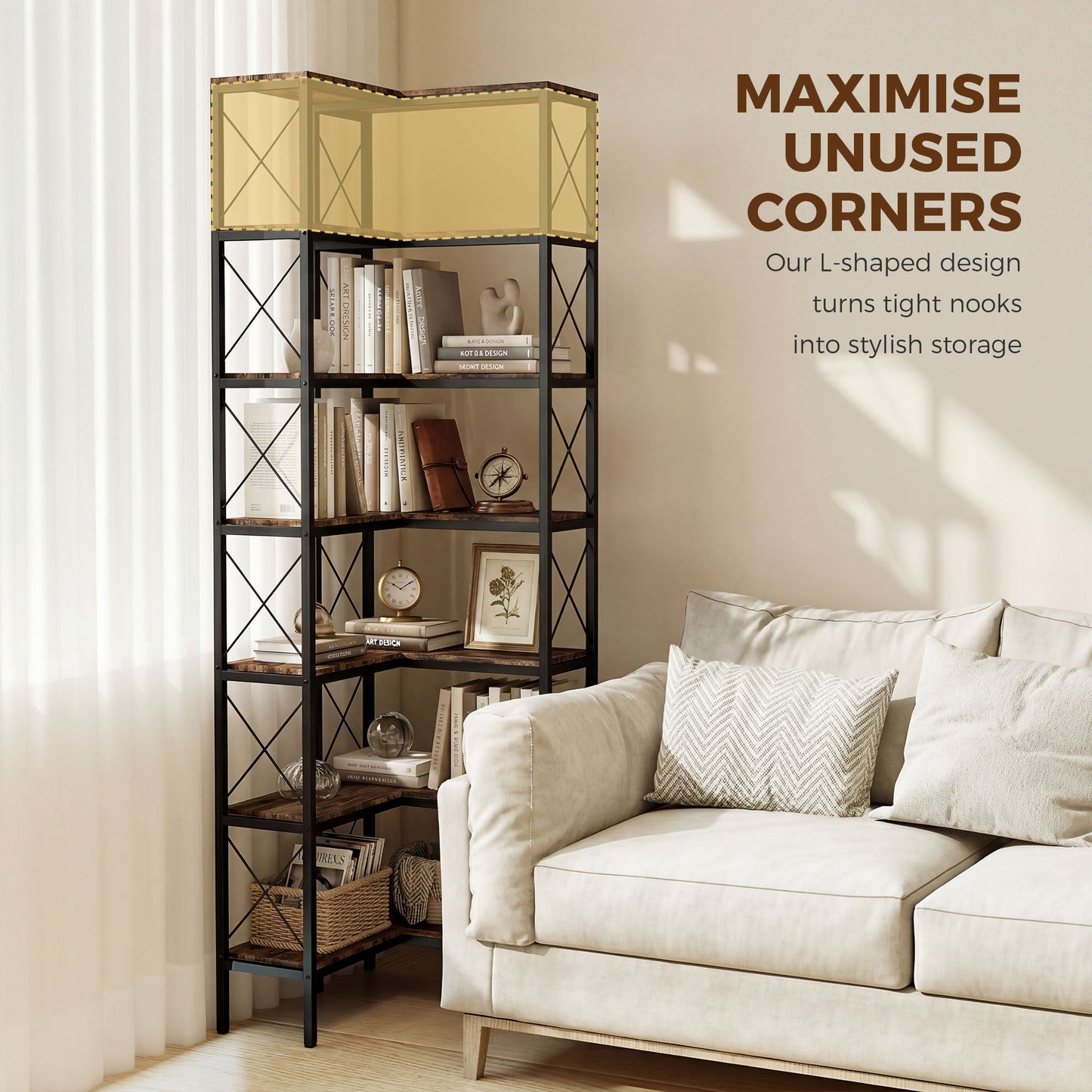 HOMCOM 6-Tier L-Shaped Bookshelf, Freestanding Corner Bookcase with Metal Frame, Rustic Brown