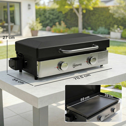 Outsunny 2 Burner Grill Griddle, Portable Gas Plancha, 6 kW, Tabletop Gas BBQ with Grease Cup for Camping Picnic Patios, Black