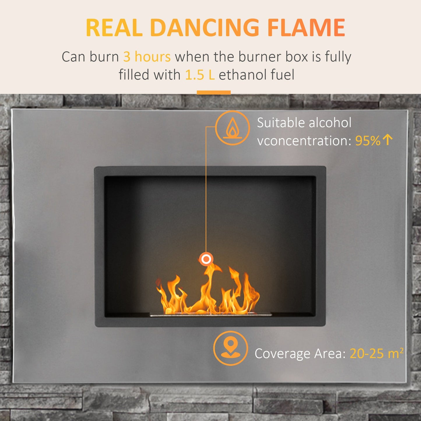 HOMCOM Wall Mounted Ethanol Fireplace, Stainless Steel Bioethanol Heater Stove Fire with 1.2L Tank, 3 Hour Burning Time, 78 x 54 cm, Silver