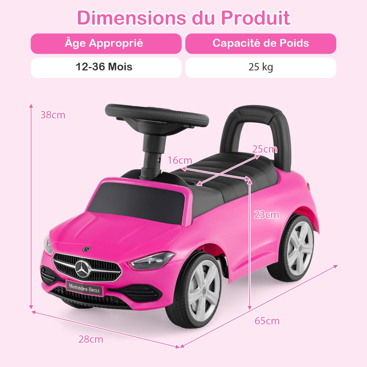 Mercedes-Benz licensed driving toy with steering wheel & storage space ride-on car pink