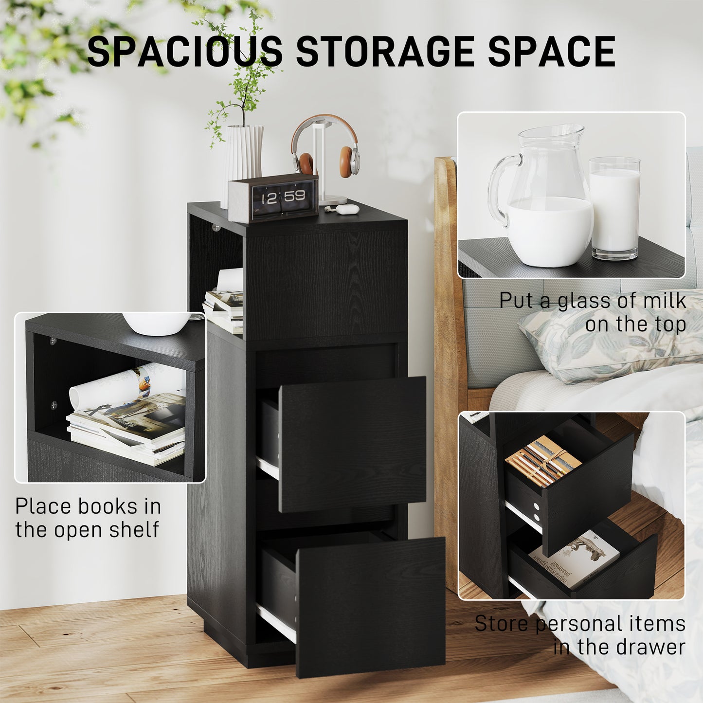 HOMCOM Slim Bedside Table, Narrow Bedside Cabinet with Open Shelf and 2 Drawers for Bedroom, Living Room, Black