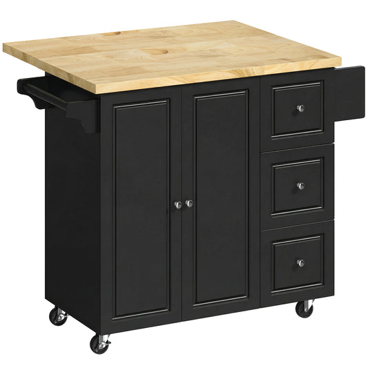 HOMCOM Kitchen Island on Wheels, Rolling Kitchen Storage Trolley with Drop Leaf, Drawers, Towel and Spice Rack, Black