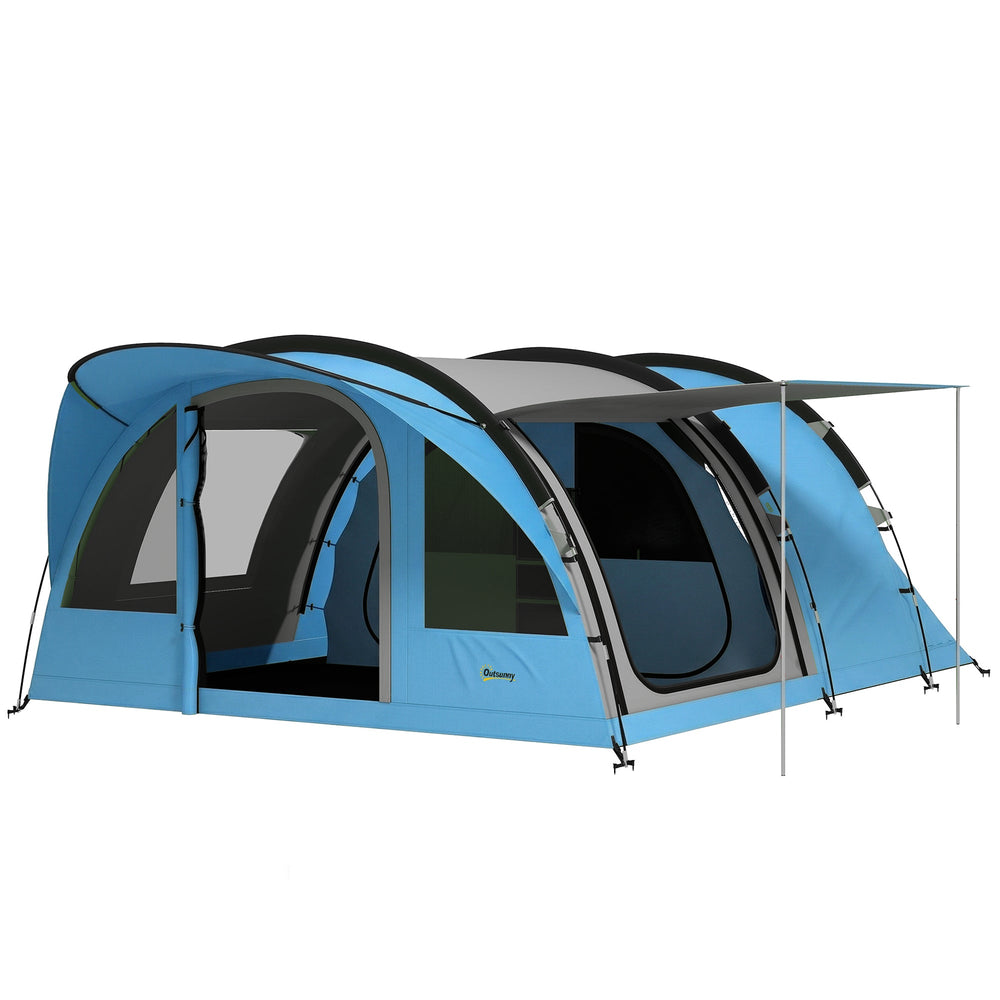 Outsunny 4 Person Easy Setup Family Camping Tent with 2 Rooms, Waterproof Tunnel Tent w/ Sewn In Groundsheet, Sky Blue & Grey