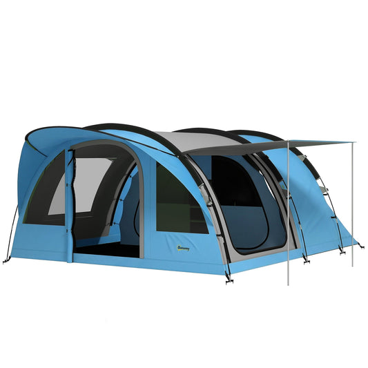 Outsunny 4 Person Easy Setup Family Camping Tent with 2 Rooms, Waterproof Tunnel Tent w/ Sewn In Groundsheet, Sky Blue & Grey