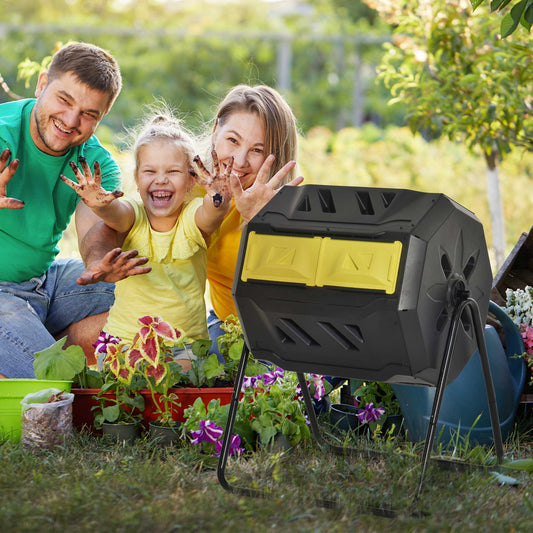 Outsunny 160L 360 Rotating Dual Chamber Composter - Yellow