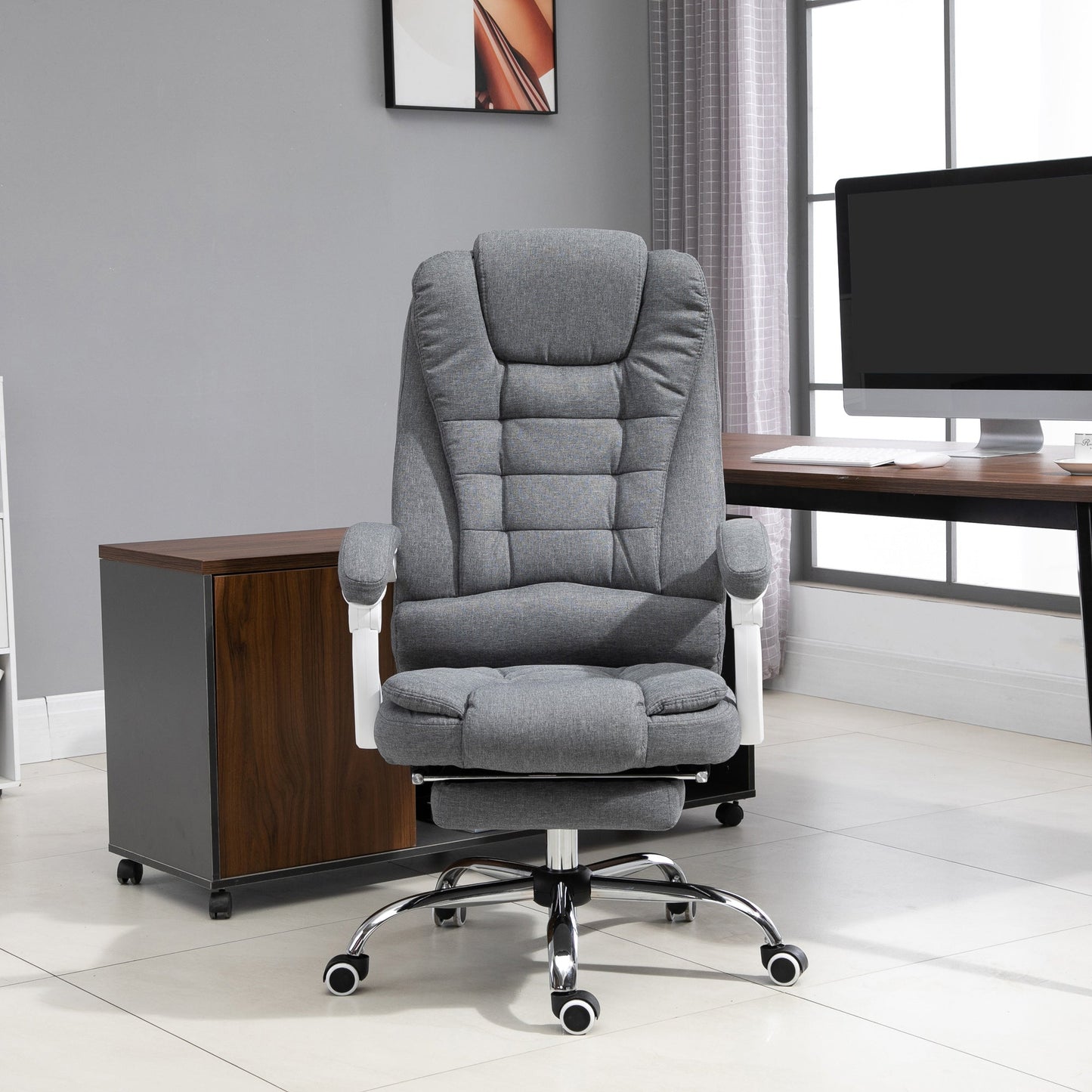 Vinsetto Office Chair Computer Swivel Rolling Task Recliner for Home with Retractable Footrest, Arm, Grey