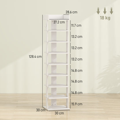 HOMCOM Shoe Rack 9-Tier Shoe Storage Organiser Top Tray Guardrail 2 Hooks 30 x 30 x 128.4 cm White