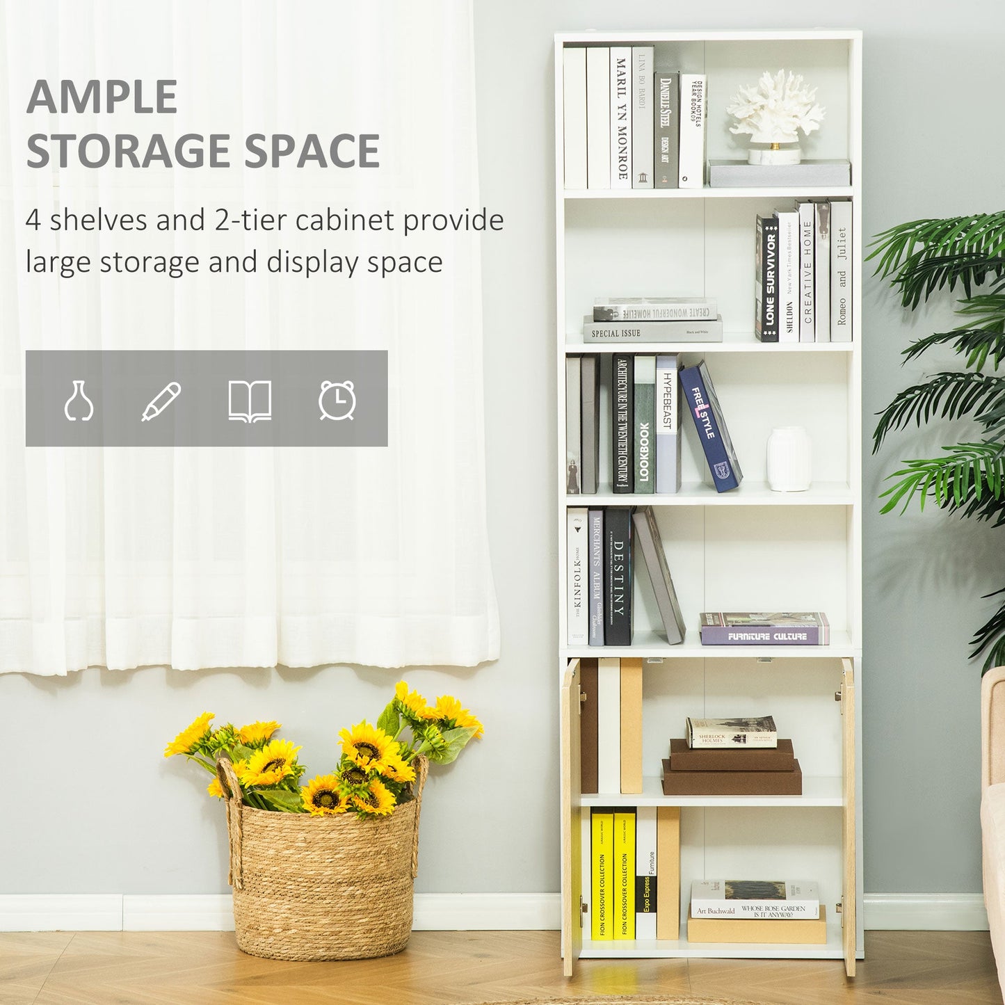 HOMCOM 6-Tier Tall Bookcase, Bookshelf with 4 Open Shelves and Double Door Storage Cabinet, Freestanding Display Rack for Living Room, Bedroom, Home Office, Study, 59 x 29 x 180cm, White and Oak