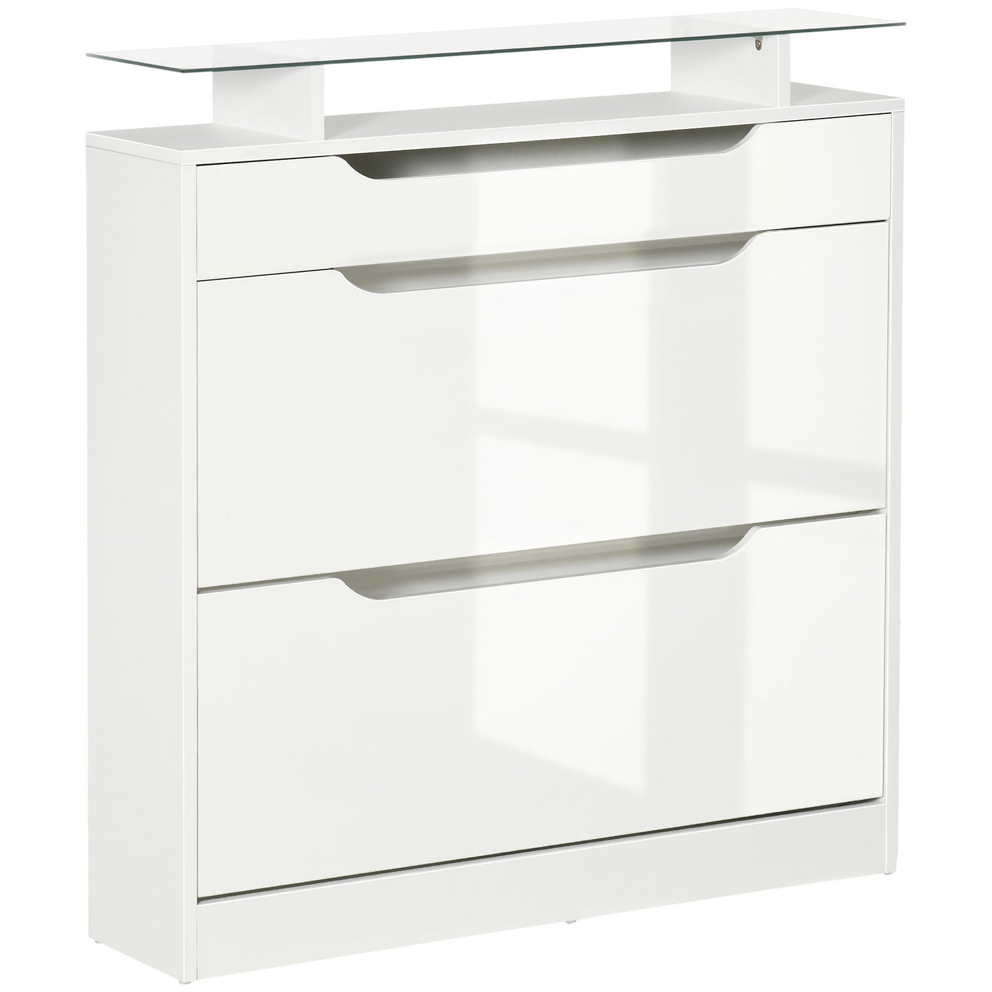 HOMCOM Shoe Storage Cabinet with Slide Out Drawer, 2 Flip Doors, Tempered Glass Top - White