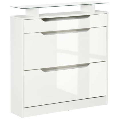 HOMCOM Shoe Storage Cabinet with Slide Out Drawer, 2 Flip Doors, Tempered Glass Top - White
