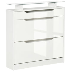 HOMCOM Shoe Storage Cabinet with Slide Out Drawer, 2 Flip Doors, Tempered Glass Top - White