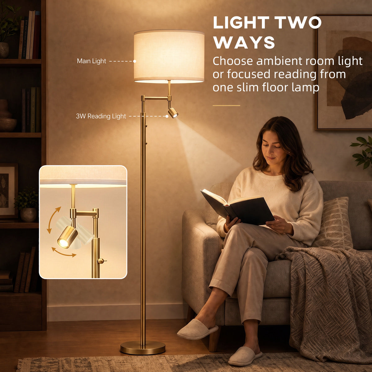 HOMCOM Modern Floor Lamp with Built-In Reading Light, Standing Lamp with Independent Switch, Copper