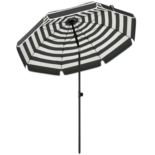 Outsunny 1.8 m Beach Umbrella Parasol with Sand Anchor, Portable 30° Tilting Patio Sun Shade with Adjustable Height, Grey/White