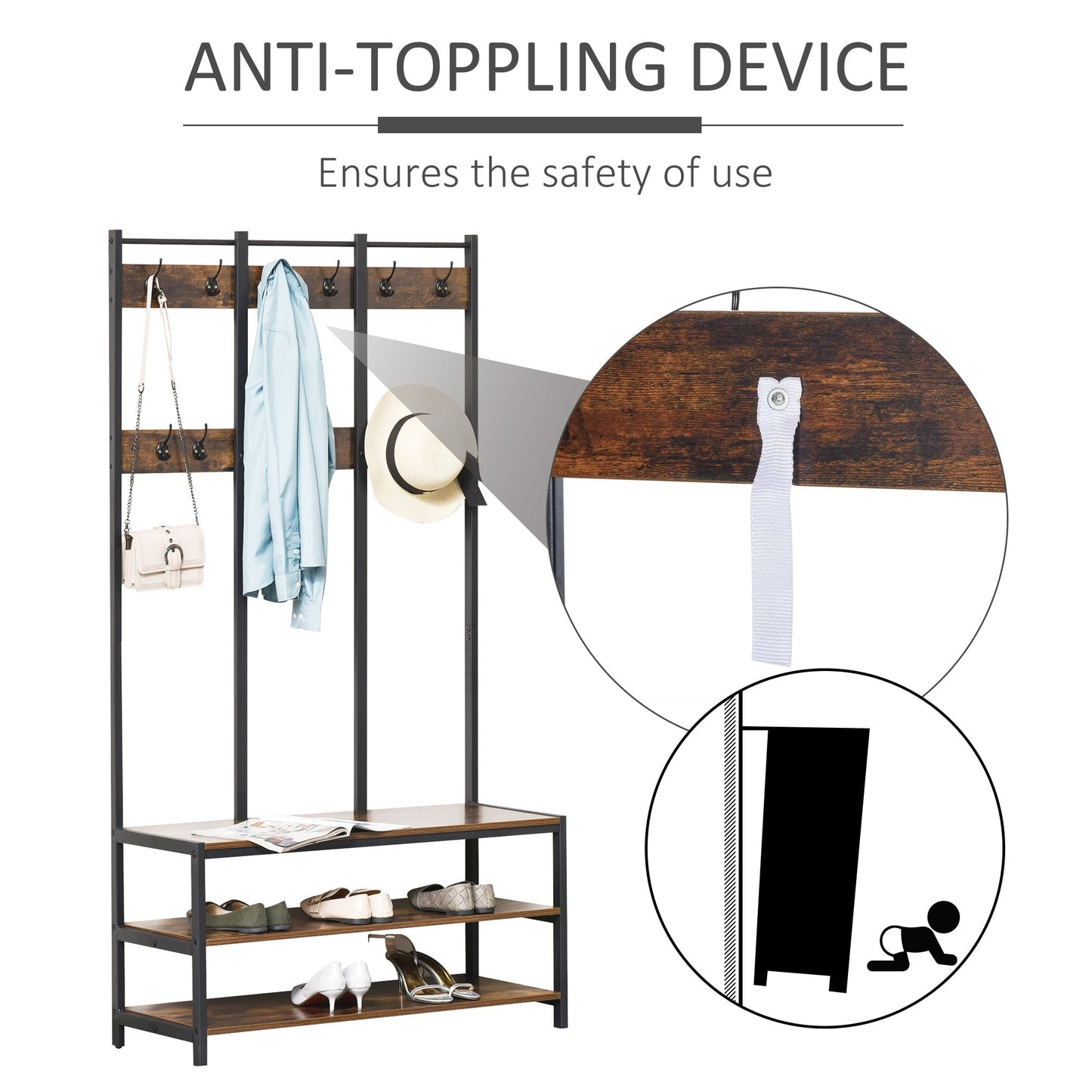 HOMCOM Coat Rack Stand, Free Standing Hall Tree, Coat Stand with Hooks, Bench and Shoe Rack, 100cm x 38.5cm x 185.5cm, Industrial Style, Rustic Brown and Black