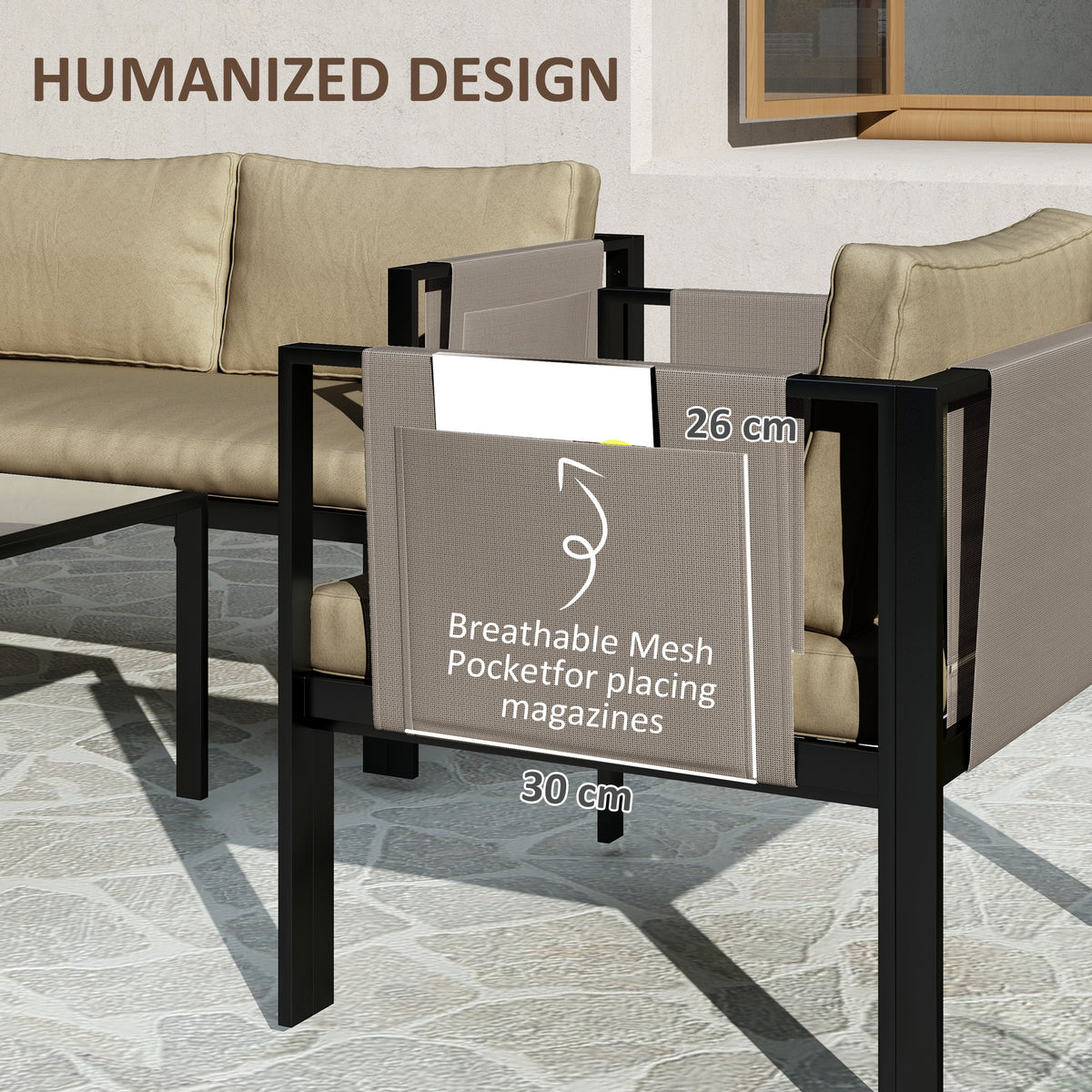 Outsunny 4 Piece Metal Garden Furniture Set with Tempered Glass Coffee Table, Texteline Pocket, Outdoor Set Loveseat Single Armchairs with Padded Cushions, Khaki