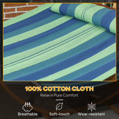 Outsunny Outdoor Hammock with Stand, Garden Hammock with Triple-Head Eucalyptus Wood Arc Frame, 1 Person Cotton Bed and Head Pillow, Freestanding Garden Swing Bed for Patio, Blue Stripe