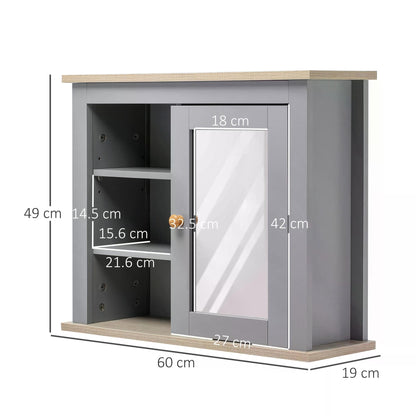 kleankin Bathroom Wall Mirror Cabinet, Cupboard with Door, Storage Cabinet with Adjustable Shelf for Corridors Living Rooms, Grey