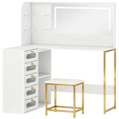 HOMCOM Dressing Table with LED Mirror and Stool, L-Shaped Vanity Desk with Drawers and Shelves, White