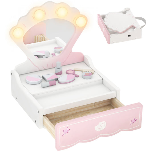 AIYAPLAY Kids Vanity Table, Portable Girls Dressing Table with Lights, Mirror, Drawer, Accessories, Gift for Girls 3-6 Years