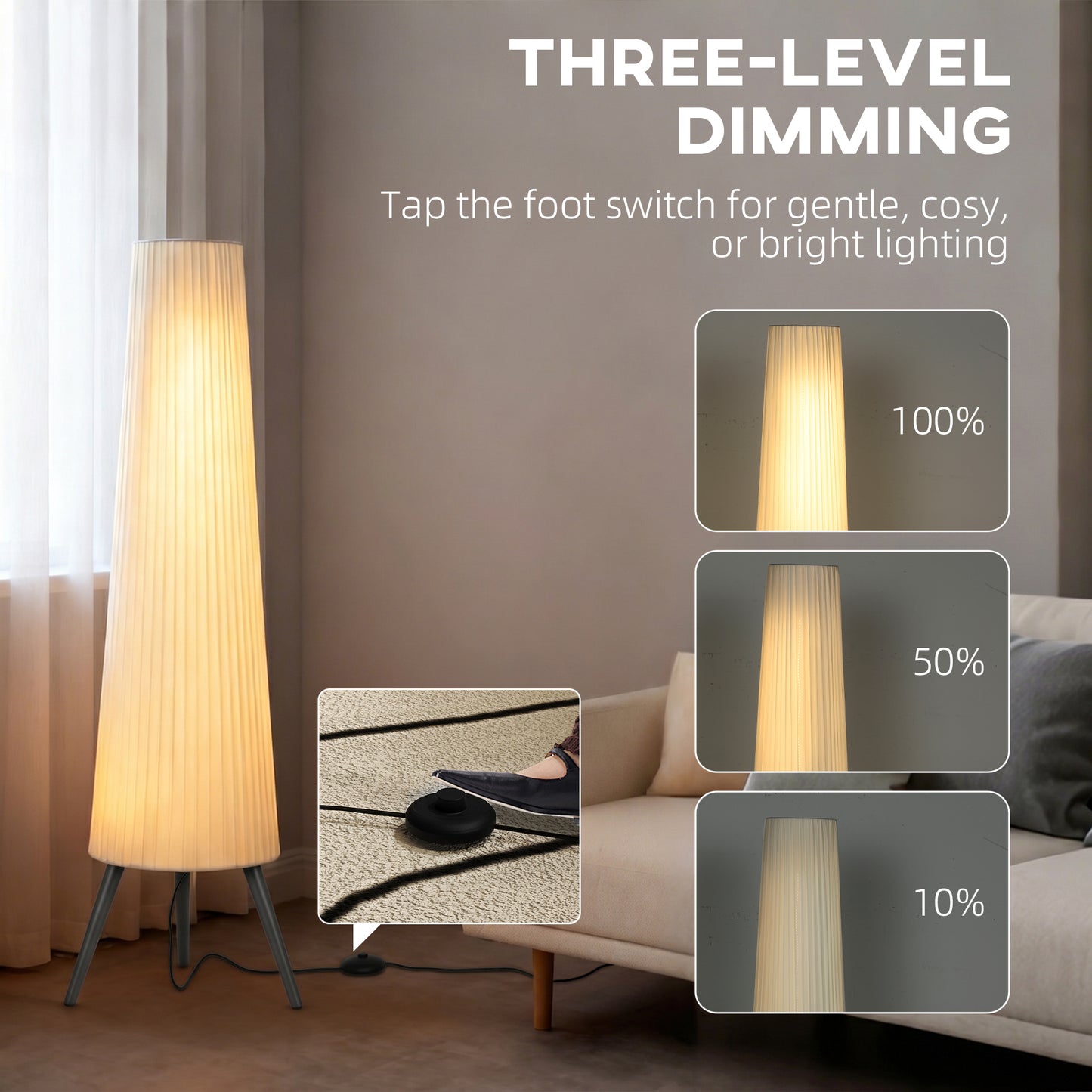 HOMCOM Dimmable Tripod Floor Lamp with Foot Switch, Nordic Standing Lamp with Fabric Shade, 153cm, White and Grey