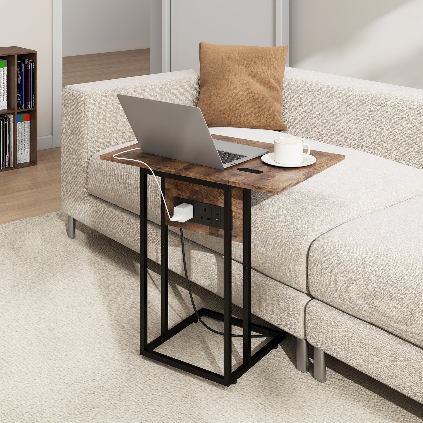 HOMCOM C Shaped Side Table with Charging Station and Foldable Top - Rustic Brown