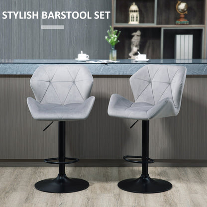 HOMCOM Bar Stools Set Of 2, Luxurious Velvet-Touch Barstools with Metal Frame Footrest Round Base Triangle Indenting Moulded Seat Adjustable Height Swivel Grey