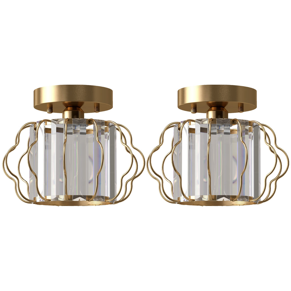 HOMCOM Crystal Ceiling Light Fixtures, Modern Semi-Flush Ceiling Lighting with Crystal Strips, 2 Pack, Gold Tone