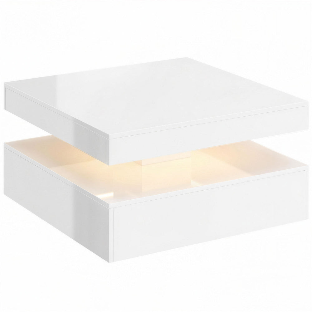 HOMCOM LED Coffee Table with Storage, 2-Tier Modern Centre Table with Open Shelf and Remote for Living Room, High Gloss White