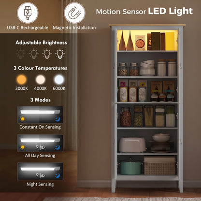 HOMCOM Tall Pantry Cupboard with Motion Sensor LED Light - Grey