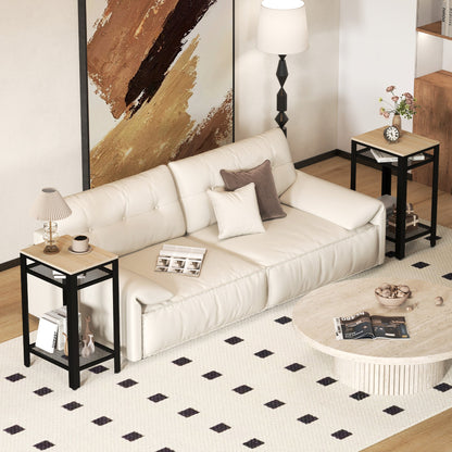 HOMCOM Tall Side Table Set of 2 with 3 Layer, 2 Shelves Storage Display Industrial-Style, Metal Frame, Bedside End Table for Living Room Bedroom, Oak and Black