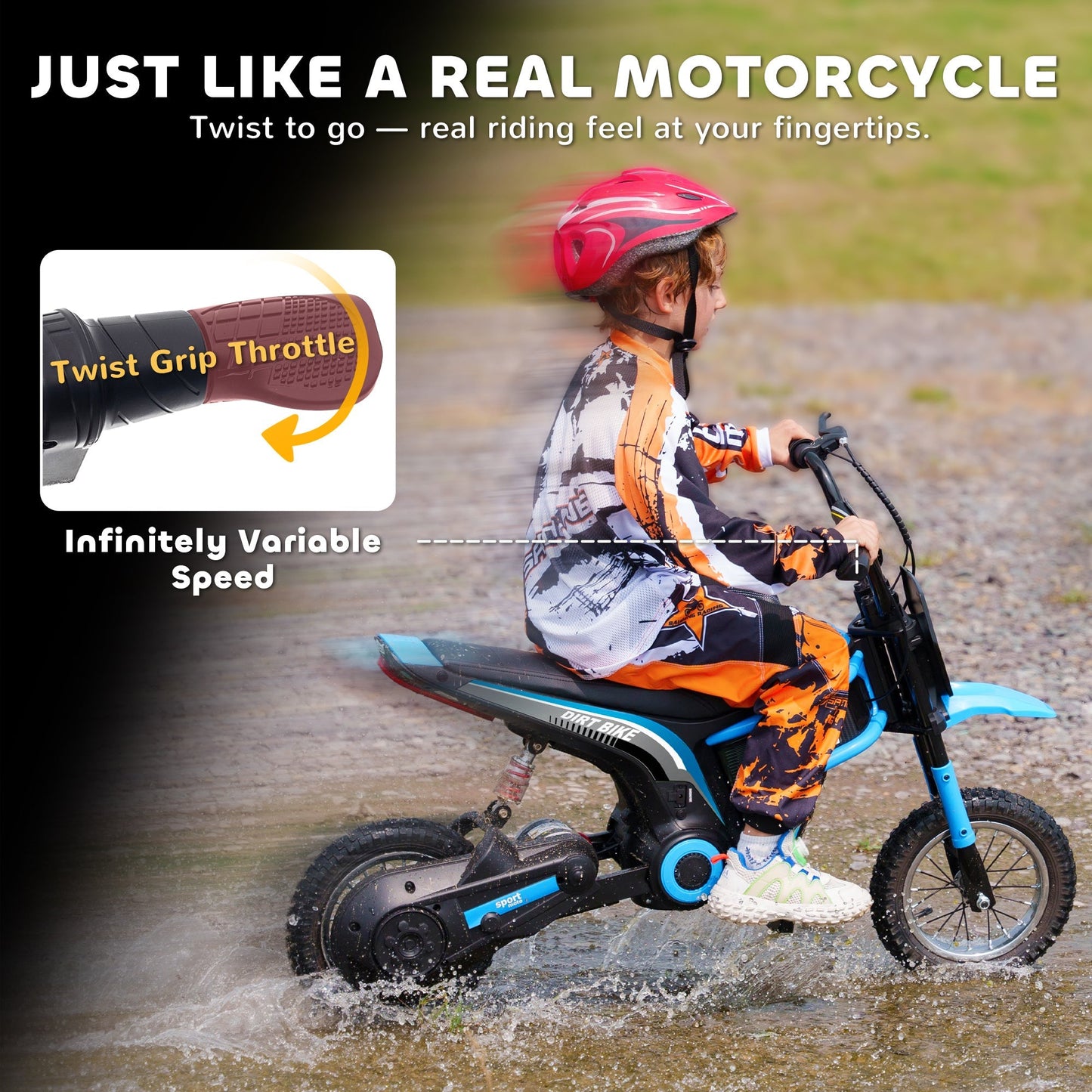 HOMCOM 24V Electric Motorbike with Twist Grip Throttle, Music, Horn, 12" Pneumatic Tyres, 16km/h Max Speed - Blue