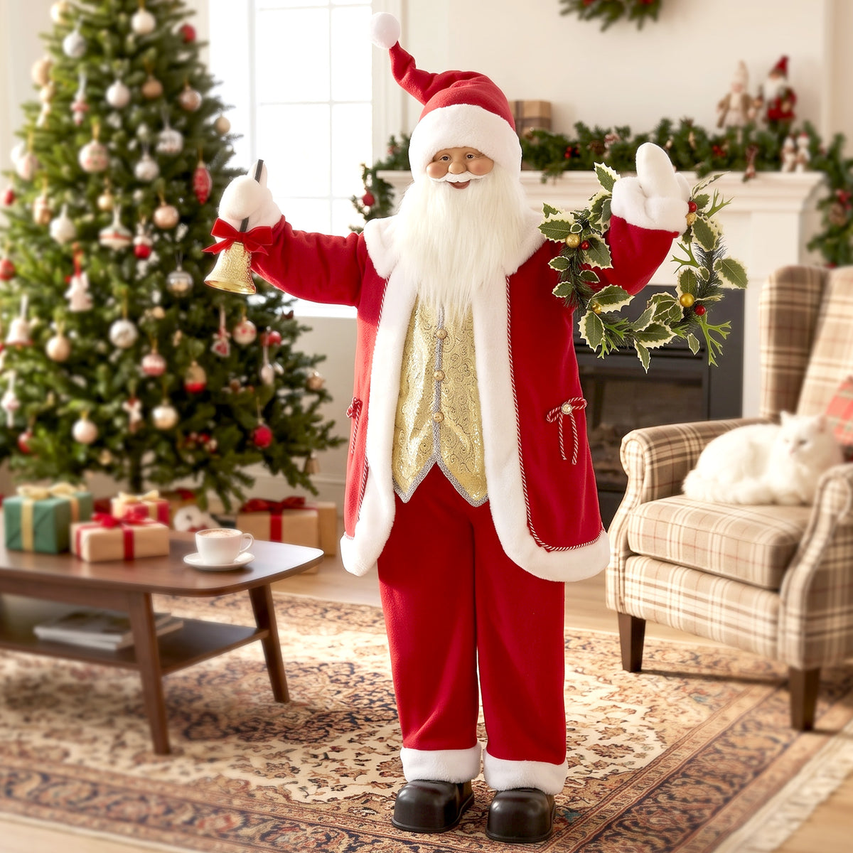 HOMCOM 5ft Life Size Singing Santa Claus, Standing Christmas Animated Santa Figure with Bell and Wreath, Sound/Touch Activated