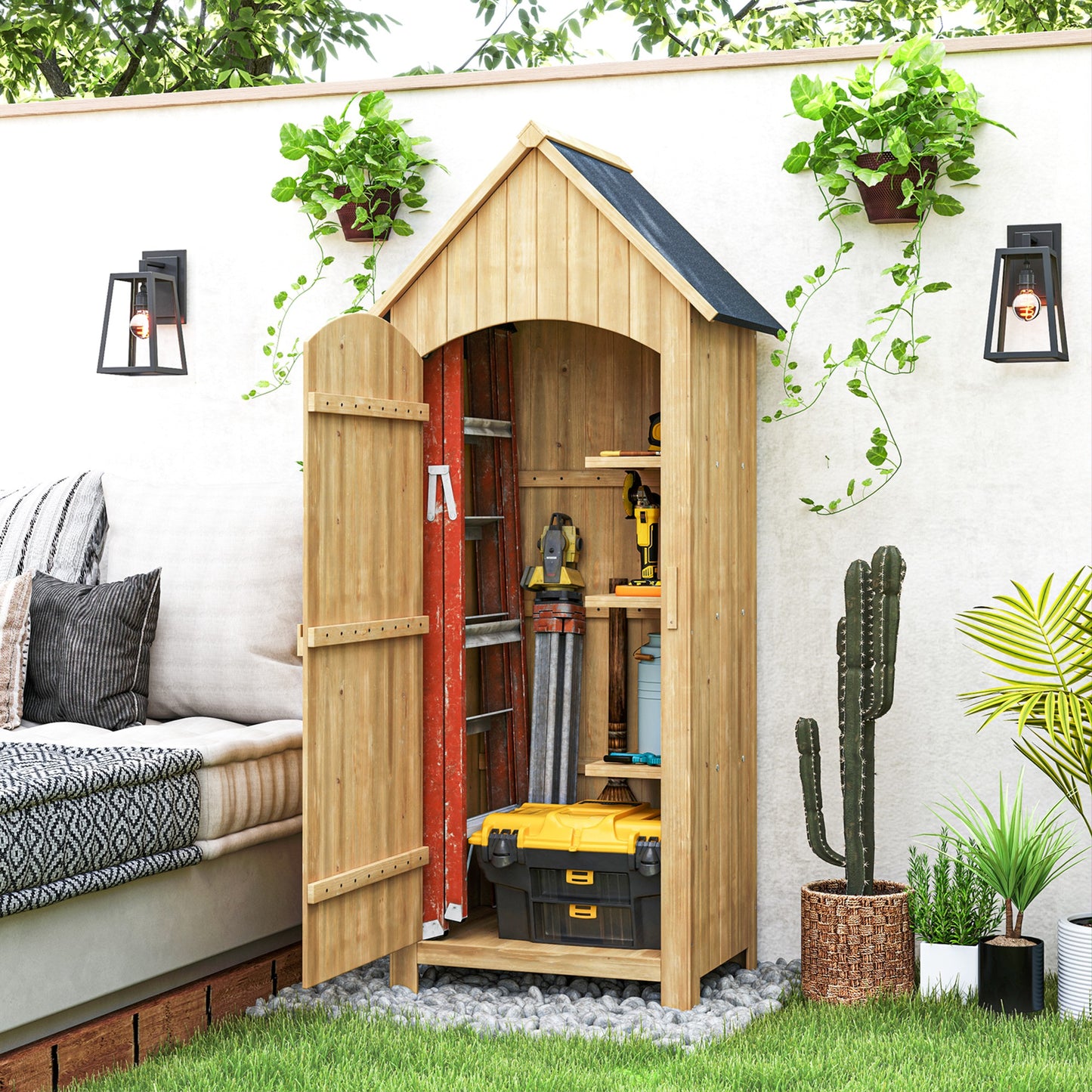 Outsunny Wooden Garden Storage Shed with 3 Shelves, Outdoor Tool Storage Cabinet with Tilt Roof and Lockable Door, 77.5 x 54.2 x 179.5 cm, Natural