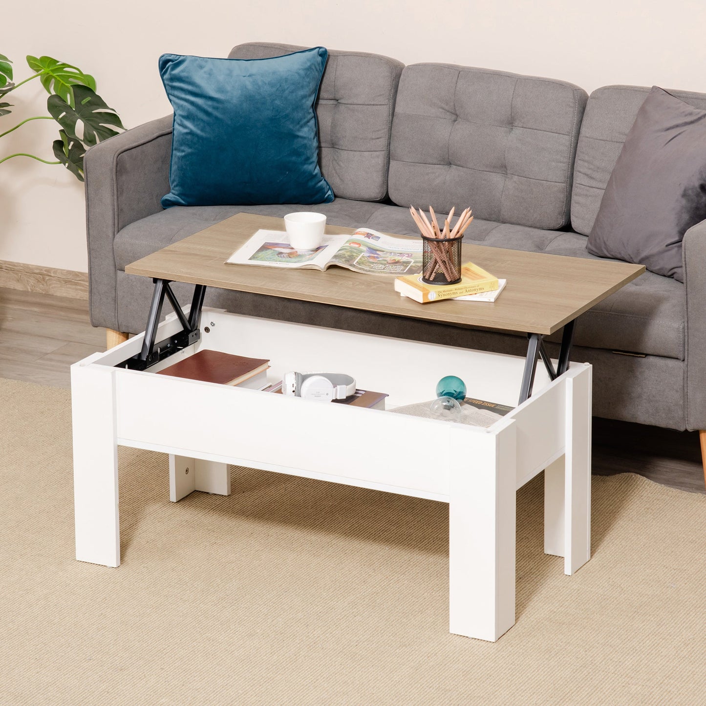 Lift Top Coffee Table with Hidden Storage Compartment, Lift Tabletop Pop-Up Centre Table for Living Room