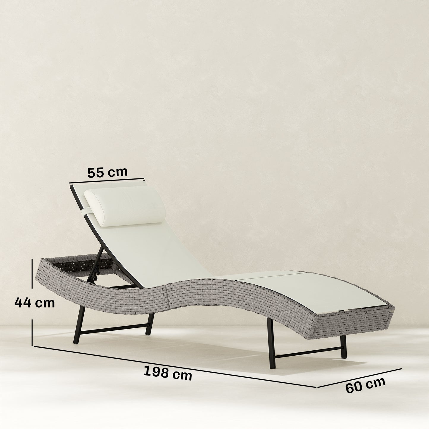 Outsunny Rattan Sun Lounger, Garden Recliner with 5 Position Adjustable Back, S Shaped Texteline Seat, Headrest, Cream White