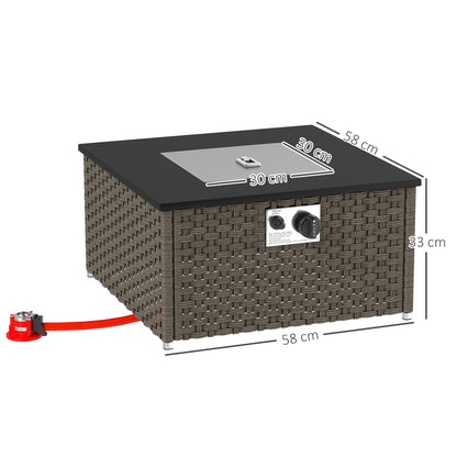 Outsunny Rattan Gas Fire Pit Table for Garden, 13 KW Smokeless Propane Fire Pit with Lid, Square Garden Coffee Table with Patio Heater for Outdoor, Patio, 58 x 58 x 33 cm, Grey