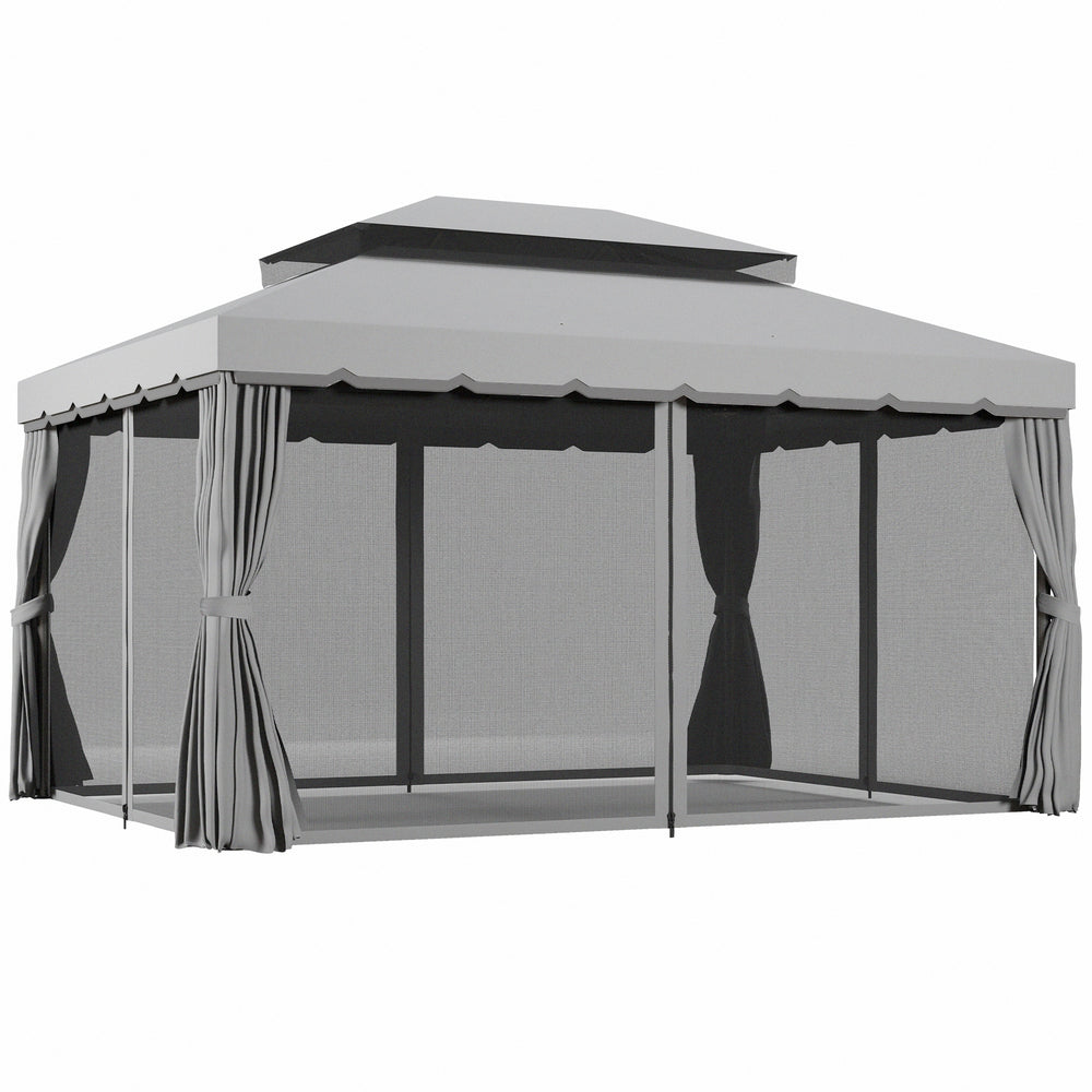 Outsunny 3 x 4m Aluminium Garden Gazebo, Marquee Canopy Shelter Pavilion Party Tent with Nets and Curtains for Garden and Deck, Light Grey