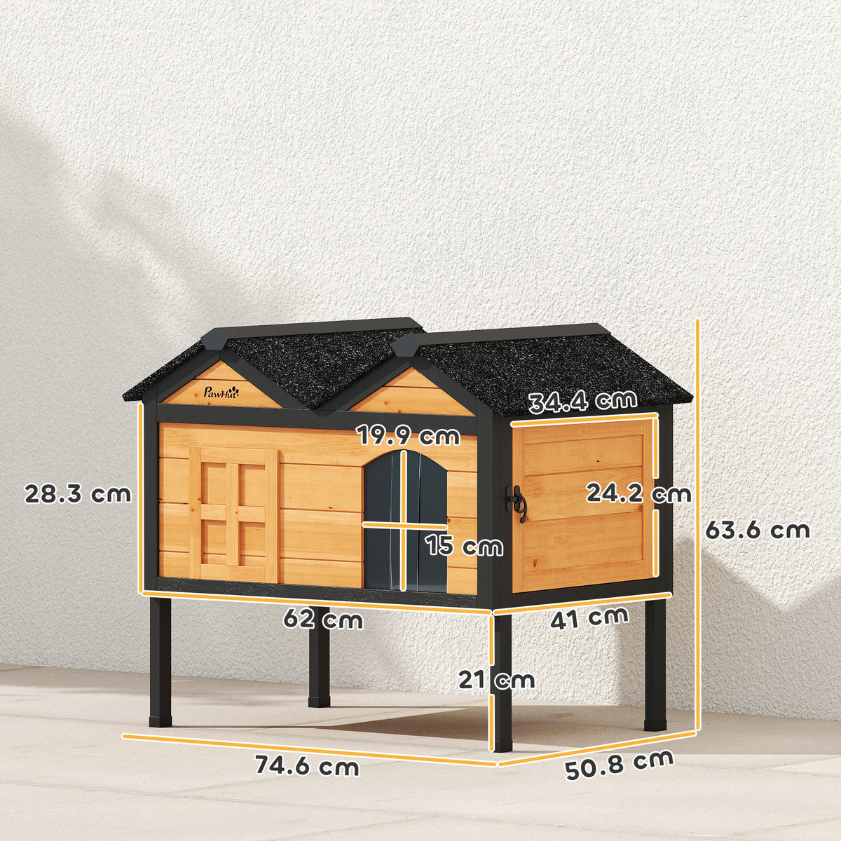 PawHut Wooden Cat House Outdoor Indoor with Weatherproof Asphalt Roof, Side Cleaning Door, PVC Curtain