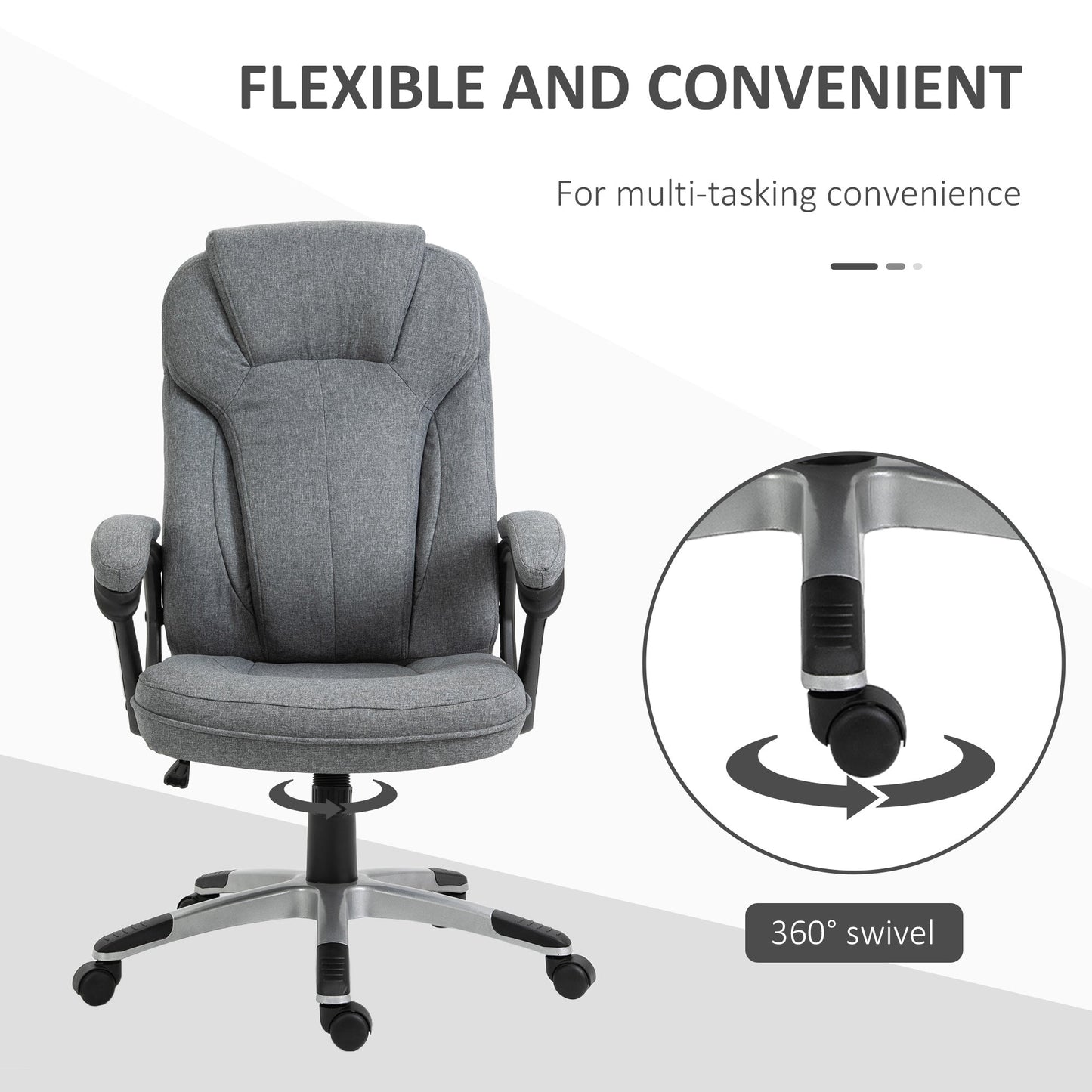 Vinsetto Swivel Chair Linen Fabric Home Office Chair, Height Adjustable Computer Chair with Padded Armrests and Tilt Function, Grey