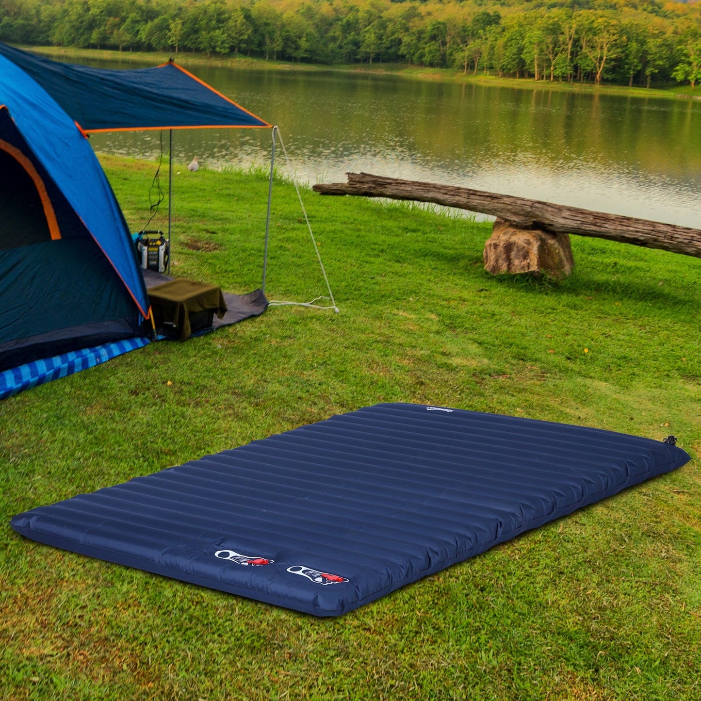 Outsunny 2 Person Camping Inflating Sleeping Mat Inflatable Mattress Ultralight Folding Bed Portable Air Bed for Outdoor Backpacking Hiking Travel - Blue