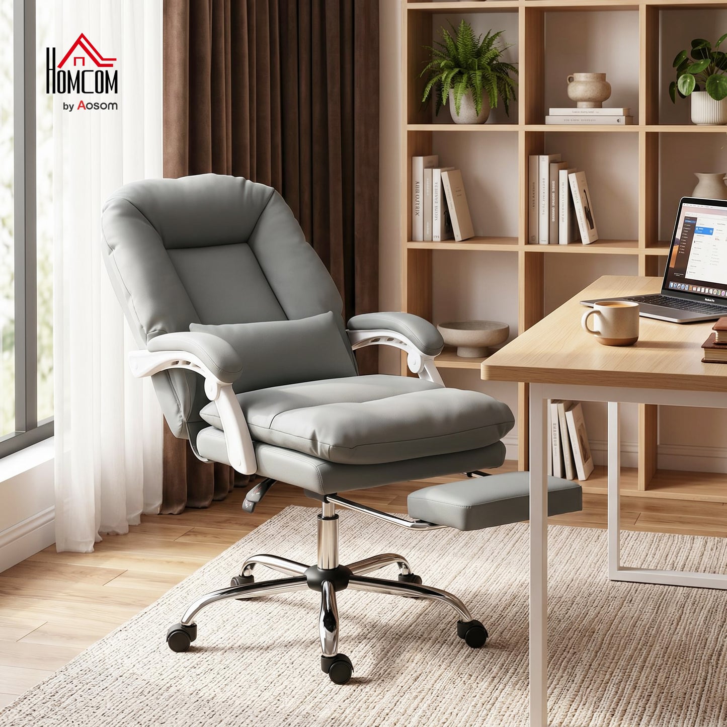 HOMCOM Ergonomic Executive Office Chair, Velvet Reclining Desk Chair with Lumbar Support, Footrest, Plush Thick Cushion, Grey
