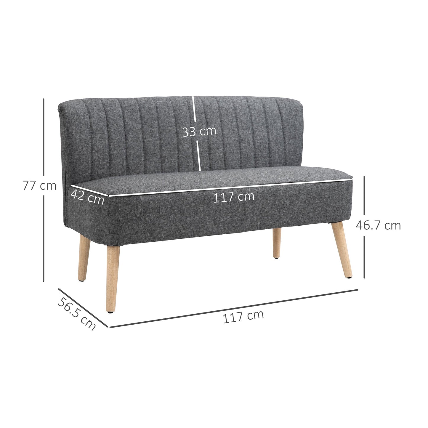 HOMCOM Modern Double Seat Sofa Loveseat Couch 2 Seater Compact Sofa Padded Linen Wood Leg Grey