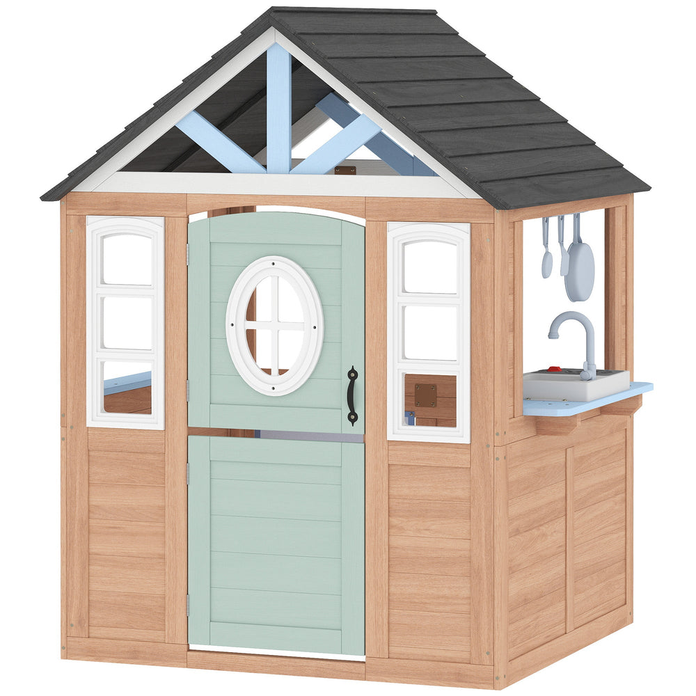 AIYAPLAY Wooden Playhouse for Kids, Wendy House with Pet Door, Play Kitchen, Half Door and Windows for Indoor Outdoor, Ages 2+