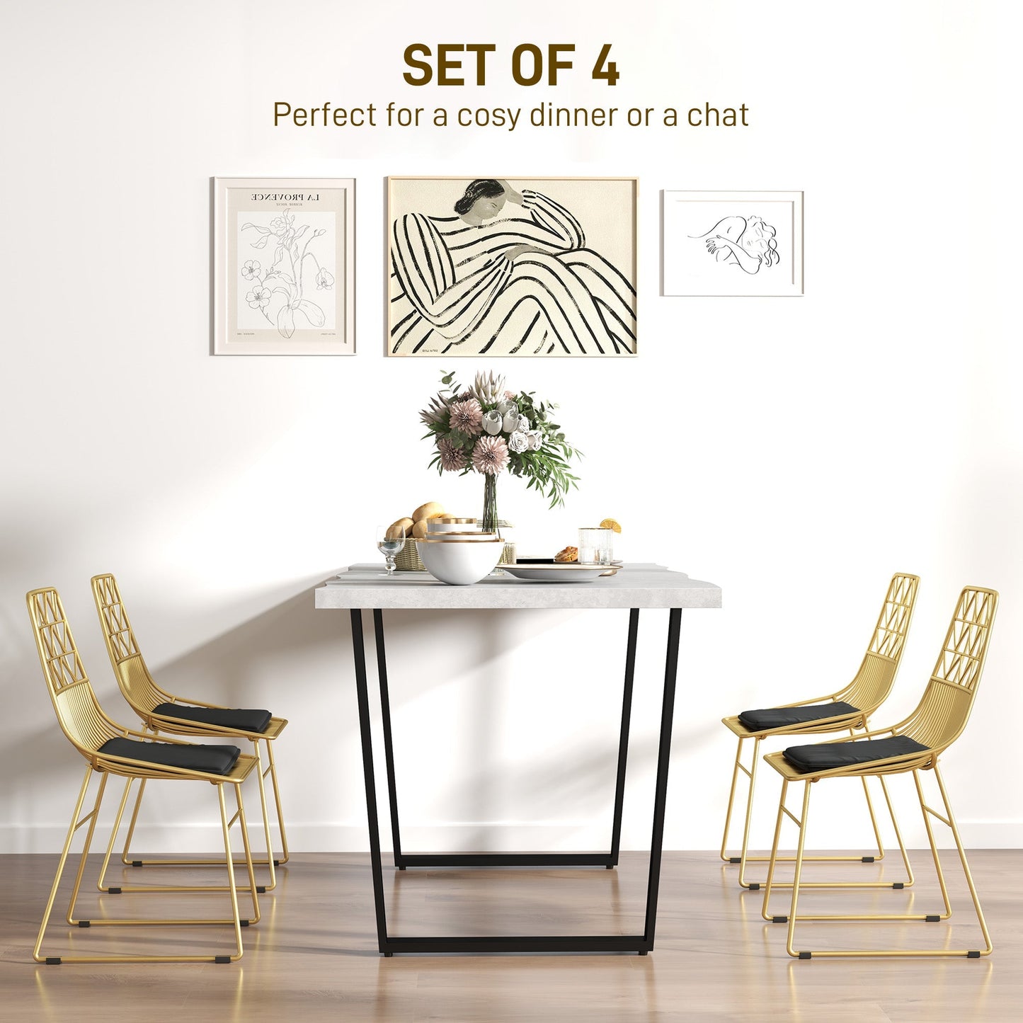 HOMCOM Luxurious Dining Chairs Set of 4, Metal Wire Kitchen Chair with Removable Velvet-feel Cushion, Cut-out Back and Steel Frame for Dining Room, Gold Tone