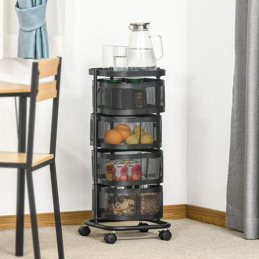 HOMCOM Metal Storage Cart, 4-Tier Storage Trolley on Wheels with 4 Mesh Baskets and Top Tray, Black