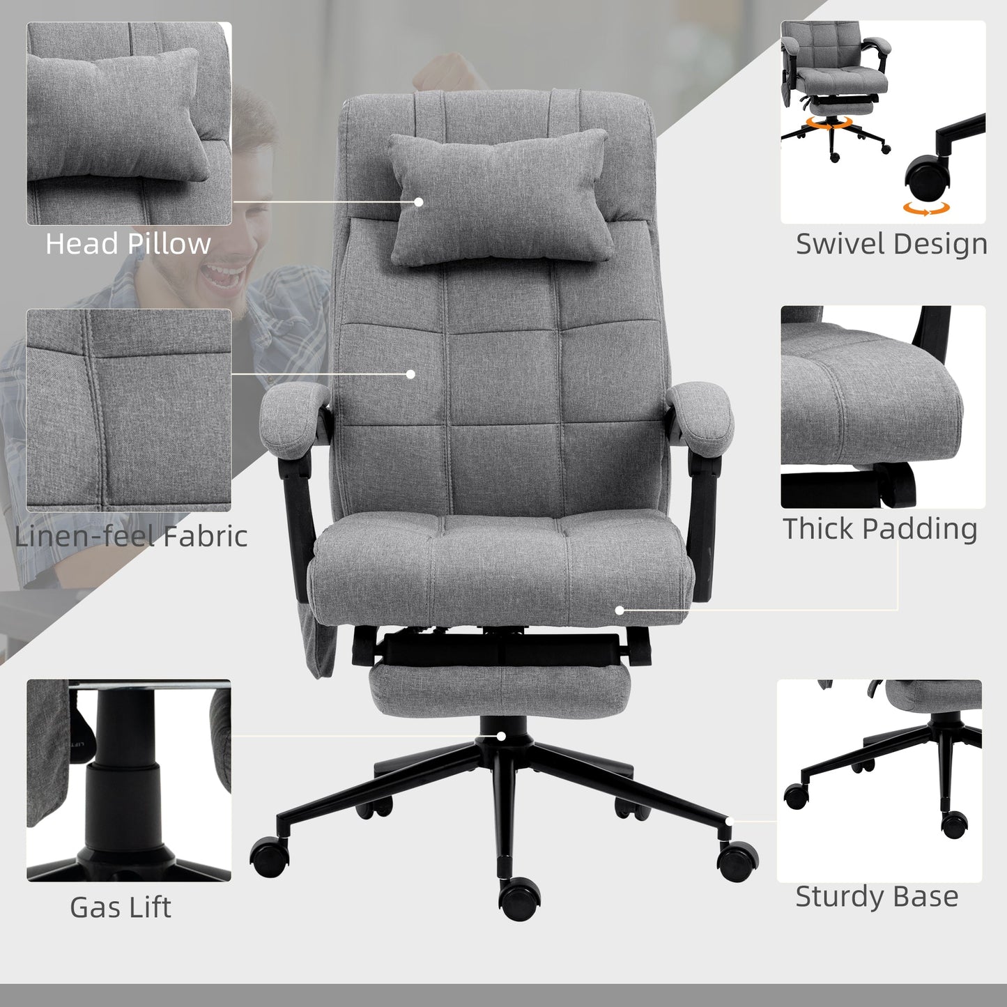 Vinsetto Vibration Massage Office Chair with Heat, Fabric Computer Chair with Head Pillow, Footrest, Armrest, Reclining Back, Grey