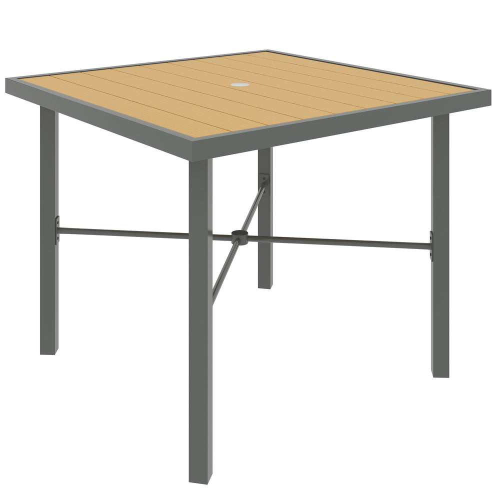 Outsunny Garden Table for 4, 90 cm Rectangular Outdoor Dining Table with 4.2 cm Umbrella Hole, Wood Effect Top, Rust Resistant Frame, for Patio, Balcony, Terrace, Natural Wood Finish