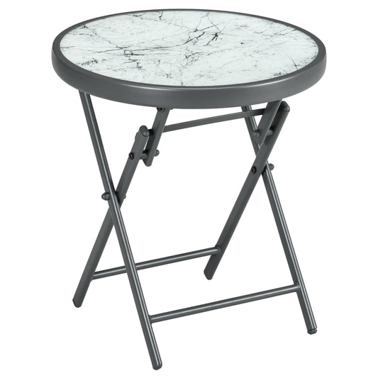 Outsunny a45cm Garden Side Table, Outdoor Round Folding Patio Table with Imitation Marble Glass Top, Small Coffee Table, White