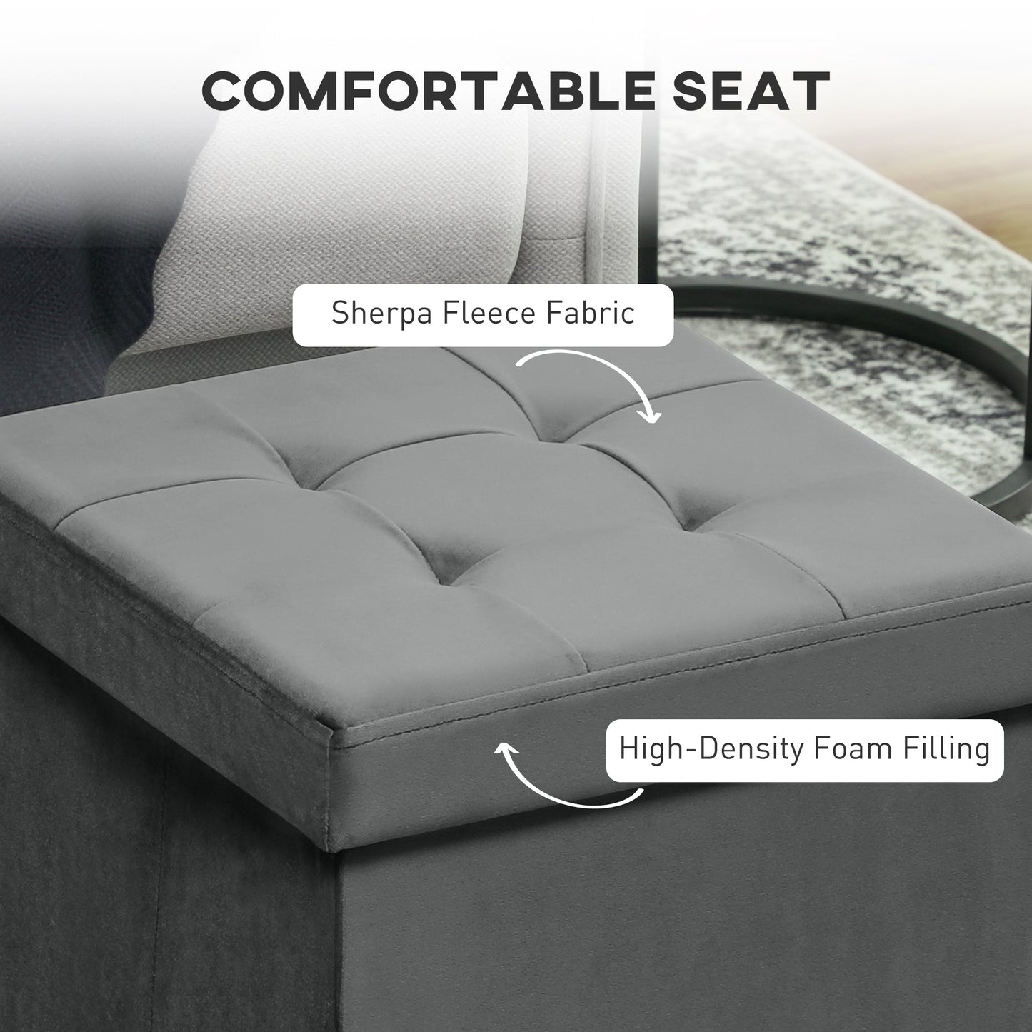 HOMCOM Foldable Velvet-Feel Storage Ottoman - Grey